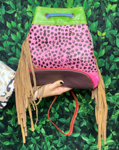 Load image into Gallery viewer, Pink Leopard Upcycled Fringe Leather Bucket Bag
