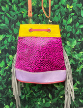 Load image into Gallery viewer, Hot Pink Spotted Upcycled Fringe Leather Bucket Bag
