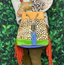 Load image into Gallery viewer, Brown Leopard Upcycled Fringe Leather Bucket Bag
